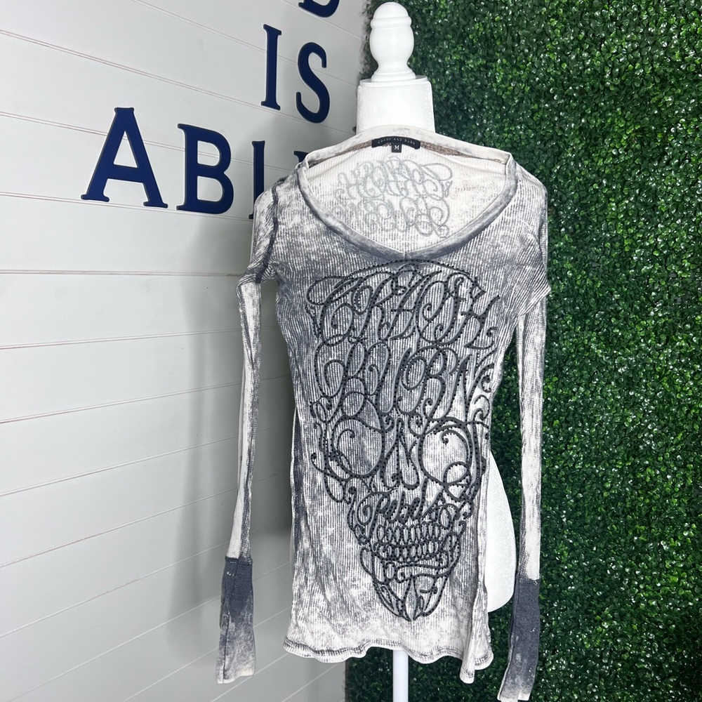 Crash & Burn Gray Distressed Long Sleeve Skull Graphic Top